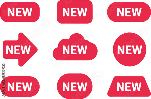 Set of red 'new' labels in various rounded shapes
