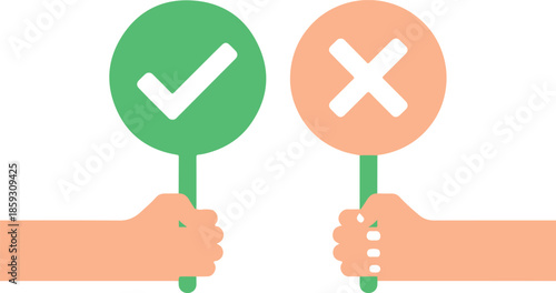 Right and wrong hands holding signs for voting or decision making process