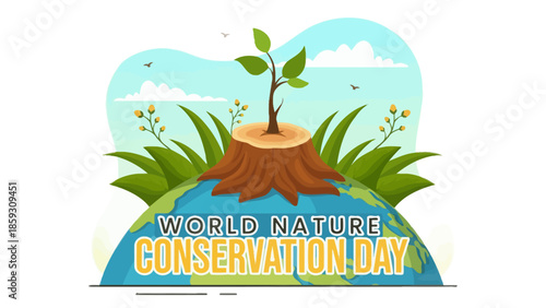 World Nature Conservation Day Illustration with New Sapling Growing from Tree Stump on Globe
