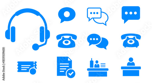 Black customer support and helpdesk icon set featuring a call center agent with a headset, chat bubbles, telephone, event ticket, and a question mark symbol for assistance