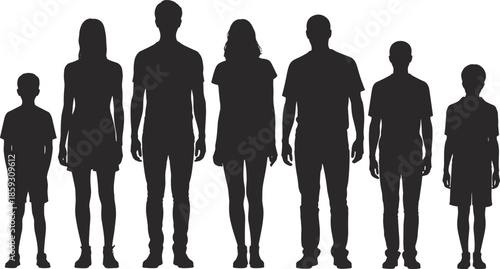 Silhouettes of seven diverse people standing side by side in varying heights, symbolizing family growth, generational diversity and human development