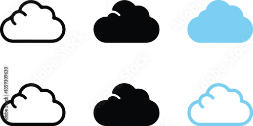 Six cloud icons showing outline solid and colored shapes for storage