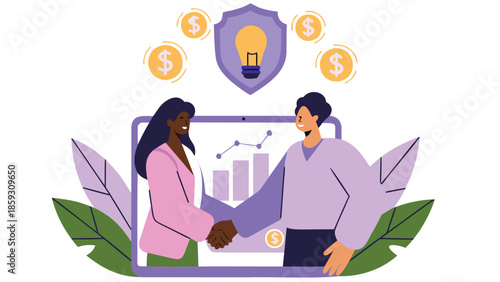 Two professionals shaking hands over a digital tablet with graph and money symbols