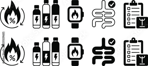 Icons related to health fitness energy metabolism checklist and digestion