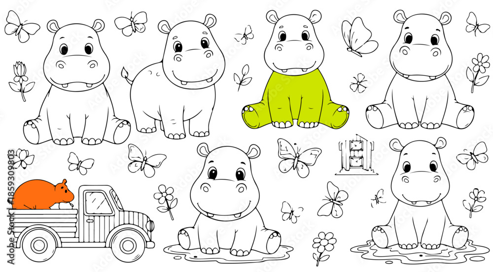 Obraz premium Cute Hippopotamus ColorBook style Set for Kids – Kawaii Cartoon Hippo with Farm Truck, Butterfly and Flowers Vector Illustration