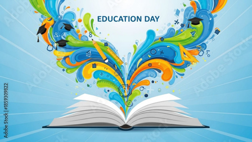 A vibrant illustration of an open book with colorful splashes and the text 'EDUCATION DAY' on a bright blue background