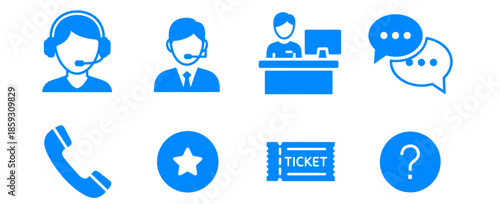 Black customer support and helpdesk icon set featuring a call center agent with a headset, chat bubbles, telephone, event ticket, and a question mark symbol for assistance