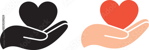 Heart in hand icon for charity and medical care simple outline and filled styles