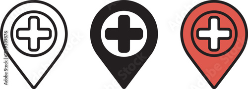 Hospital location pin icon for medical facility mapping and emergency services