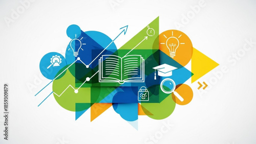 A vibrant, abstract illustration of education and learning, featuring a central book surrounded by icons and shapes, viewed from directly above.