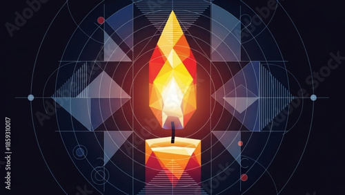 An illuminated candle placed at the center of a geometric pattern surrounded by a circular design on a dark background