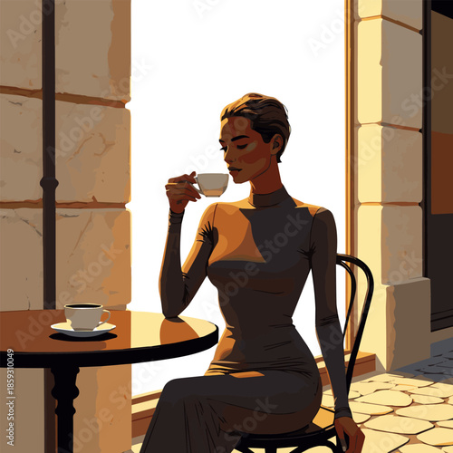 Create a realistic Backlit woman with short hair and wearing a bodycon dress sitting in a street café alone and drinking coffee vector art with white background.