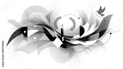 A stylized black and white illustration of a cricket ball surrounded by abstract shapes and birds in flight.