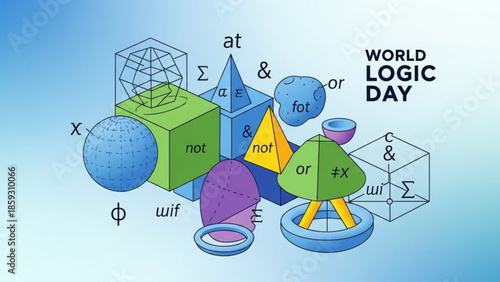 Geometric shapes and symbols floating around the World Logic Day concept illustration