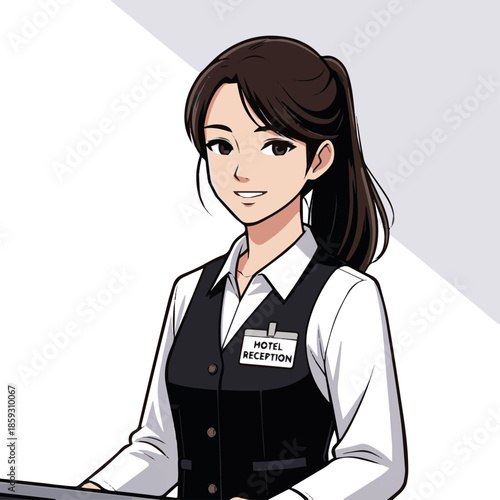 Create a realistic female hotel receptionist standing and smiling politely vector art with white background.