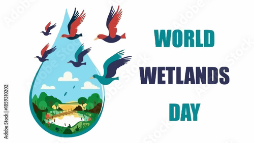 Creative World Wetlands Day Concept with Wetland Scene inside a Large Water Drop