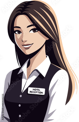 Create a realistic female hotel receptionist standing and smiling politely vector art with white background.