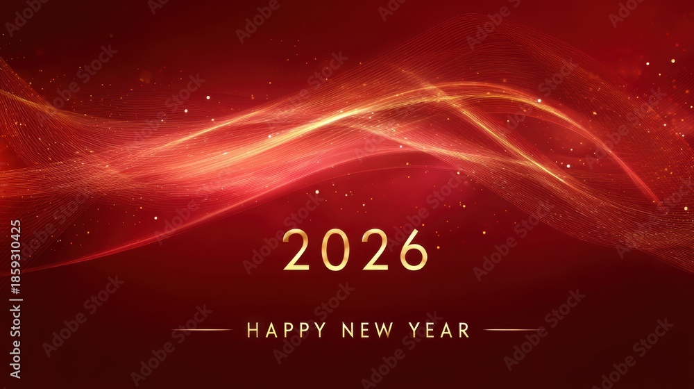 Fototapeta premium Happy New Year 2026 with elegant golden waves and sparkling lights