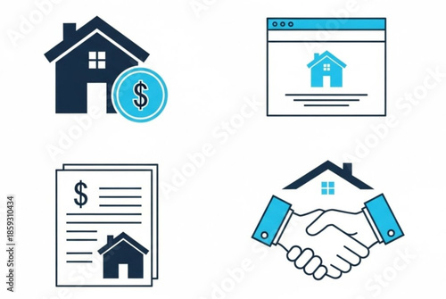 House for sale and home for rent icons. Buy property, online listing and lease agreement vector symbols