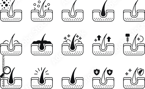 Hair care icons set, hair loss, treatment, growth, repair, dandruff