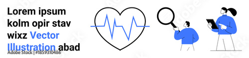 Healthcare, medical diagnostics, data analysis, patient monitoring, research, cardiology. Heart with a heartbeat line and two professionals analyzing data. Healthcare and medical diagnostics concept