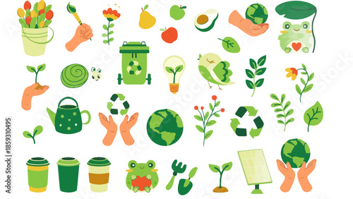 Collection of eco-friendly and sustainability icons including recycling bins, light bulbs, earth globes, frogs, and plants