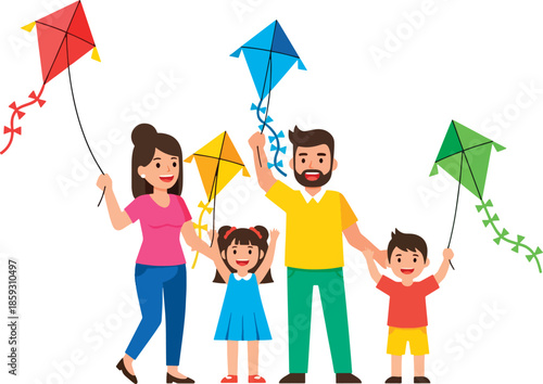 Happy family flying colorful kites together outdoors