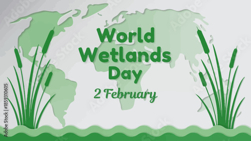 World Wetlands Day Paper Cut Style Illustration with Reeds and Green Earth Map