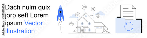 Technology integration, digital home, innovation, healthcare, file management, creativity. A house with medical symbols, a rocket and a document with an update icon. Technology integration and file