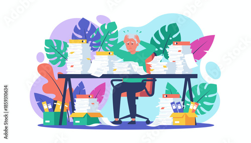 Overwhelmed worker stressed by excessive paperwork and documentation backlog Burnout concept