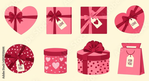 Valentine's Day gift box and chocolate vector illustration with heart shapes ribbons and love elements. Romantic hand drawn design for greeting cards packaging stickers and holiday decoration.