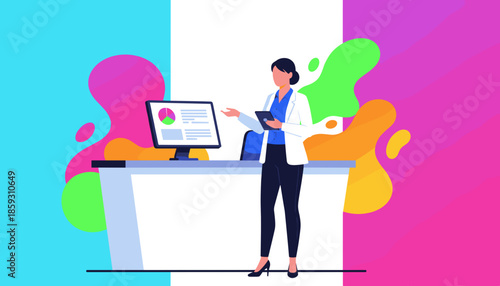 Businesswoman presenting data analysis and strategy using a monitor and tablet on a colorful background