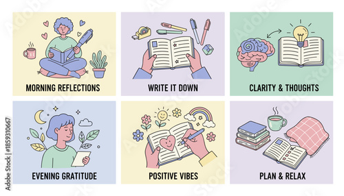 Journaling and selfcare routine icons reflection gratitude planning and mental clarity concept