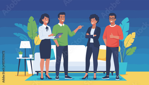 Diverse business team collaborates discusses ideas and celebrates success in a modern office lounge