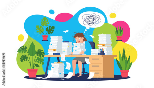 Burnout Stressed office worker buried in paperwork mountain symbolizing overload and excessive workload