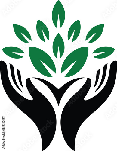 Hands holding a plant with green leaves representing nature and growth