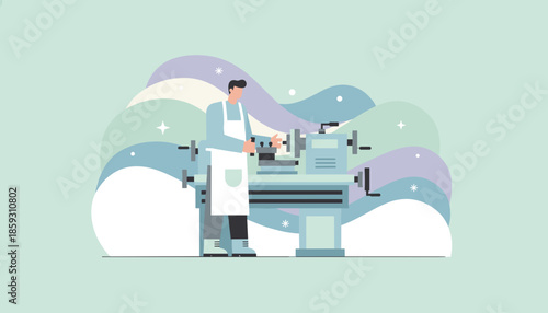 Illustration of a machinist working on a lathe machine in production