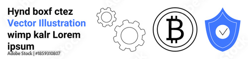 Cryptocurrency, blockchain technology, digital money, software, fintech, online safety. Bitcoin symbol with shield and gears. Cryptocurrency and blockchain technology concept