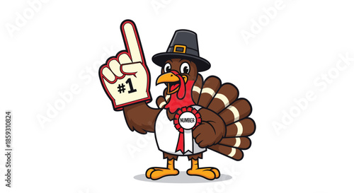 Proud turkey mascot wearing a pilgrim hat and foam finger, holding a prize ribbon to celebrate Thanksgiving sports and victory.