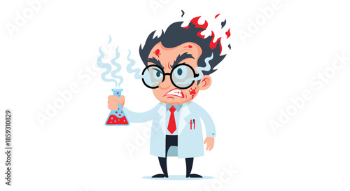 Angry mad scientist character with messy hair and flaming head holding a smoking beaker after a laboratory experiment fail.