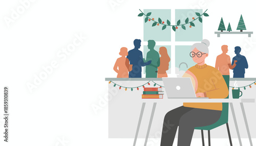 Senior woman uses laptop during a holiday party socializing and technology in festive home life