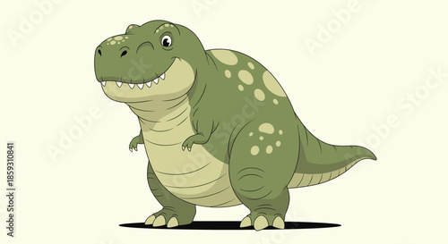Large friendly green tyrannosaurus rex dinosaur standing with a small smile, showing its bumpy skin and strong tail.