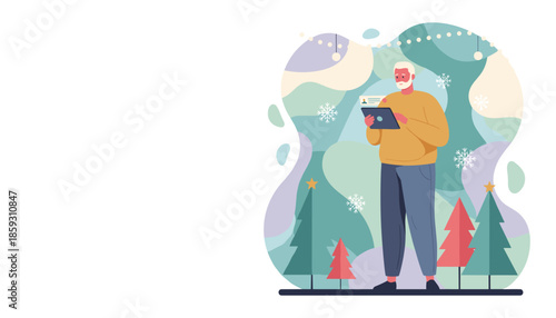 Senior man uses a tablet for winter holiday communication against a festive background with Christmas trees