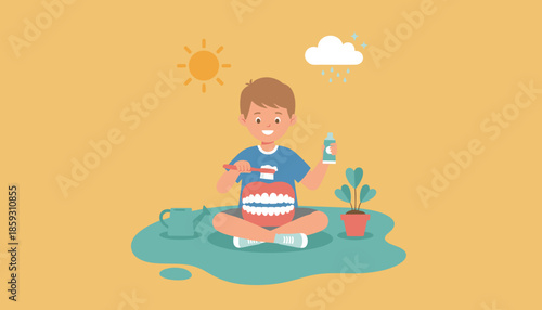 Happy boy demonstrating teeth brushing with a large model promoting childrens dental hygiene education