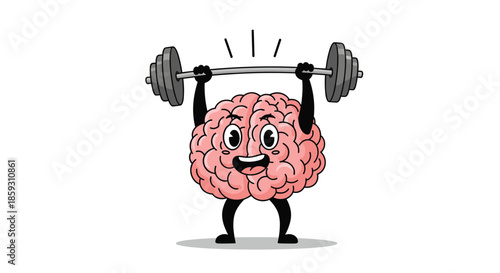 Human brain character with a happy face lifting heavy barbells, representing mental strength, intelligence, and cognitive health.