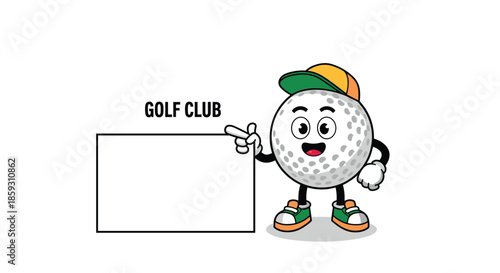 Cheerful golf ball mascot wearing a cap and sneakers pointing towards a blank white billboard for custom text or logo.