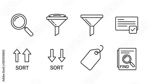 Search and filter data sorting and price tag line art icon set for user interface with find document functionality outline vector