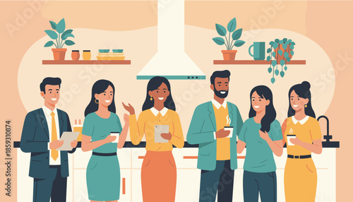 Diverse team on a coffee break in the office kitchen smiling chatting and collaborating happily