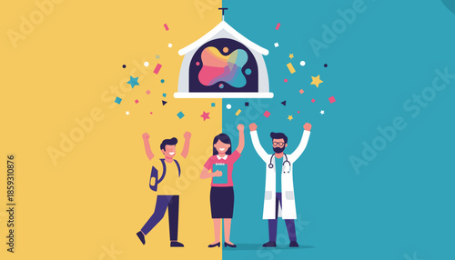 Diverse professionals celebrate community and faith outreach under a colorful church icon