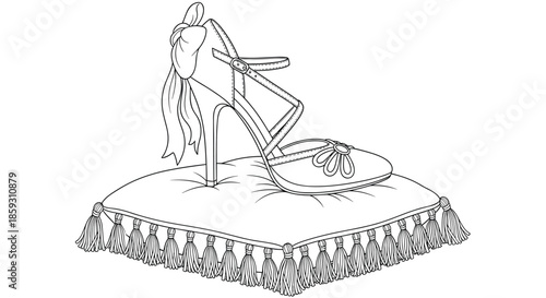 Elegant high heel stiletto shoe with a bow and ankle strap resting on a decorative tasseled pillow, line art style.
